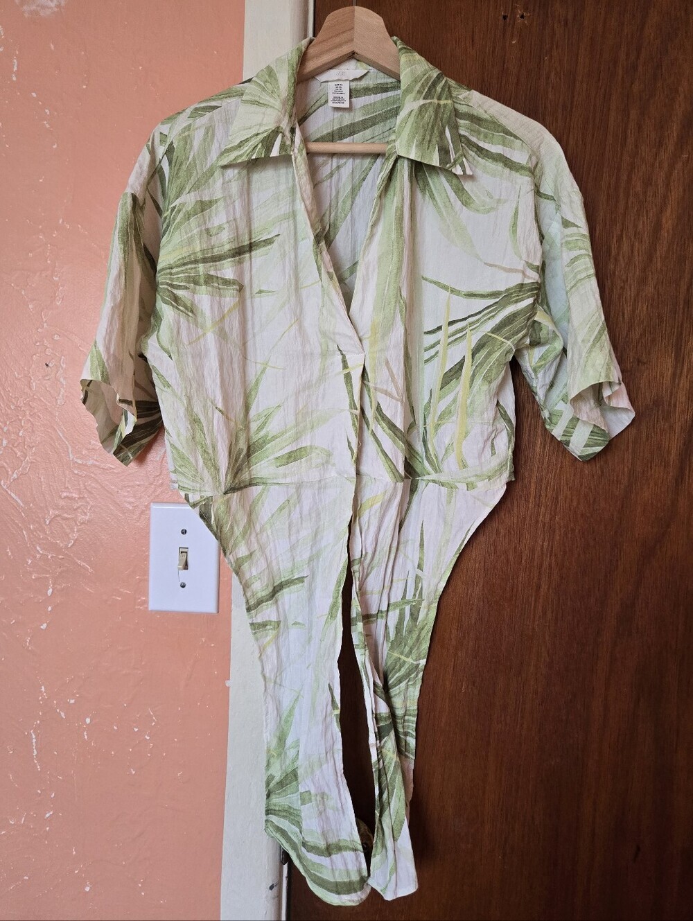 H&M White Green Palm-Print Tie-Front Tropical Crop Top XS - Picture 6 of 8